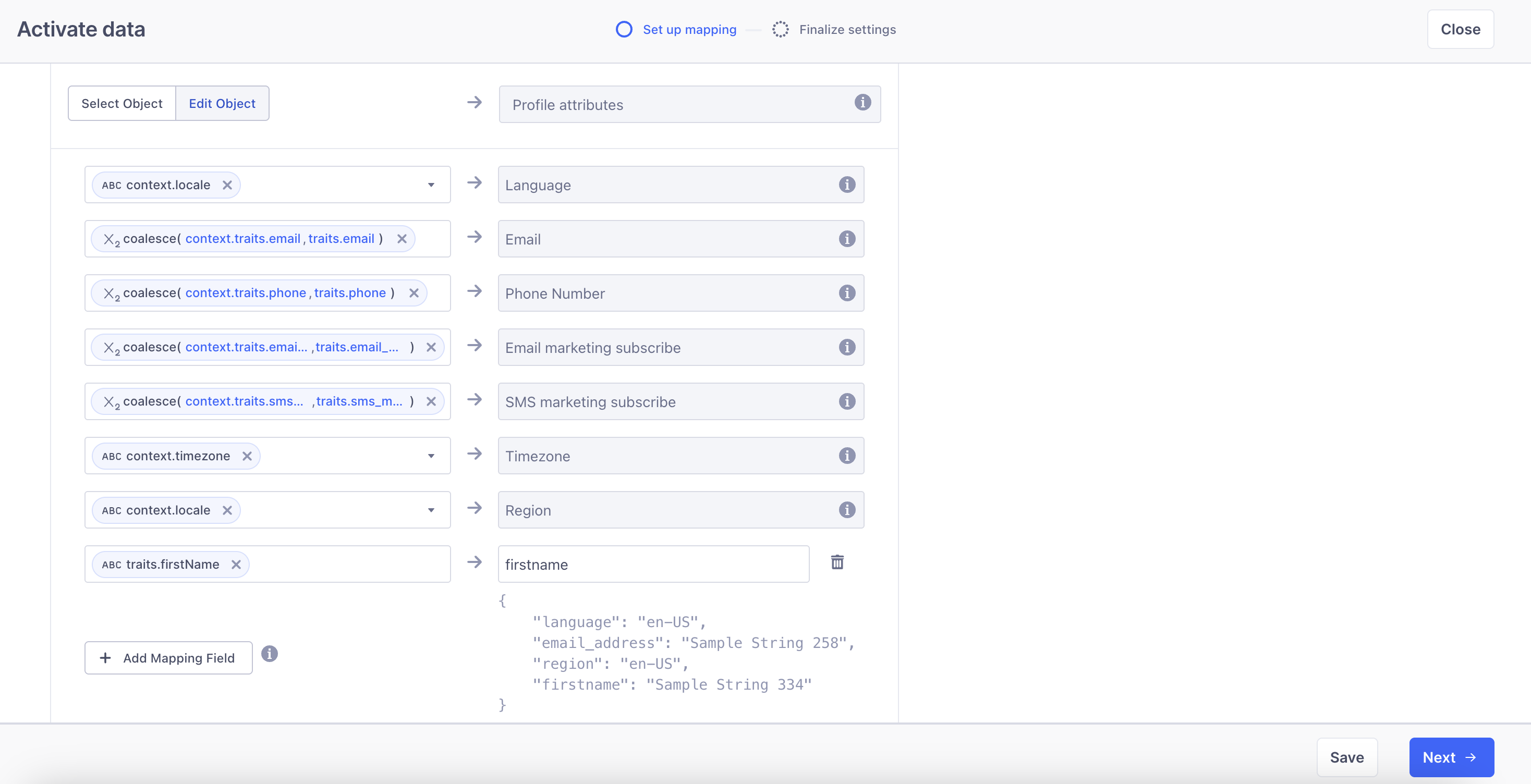 Screenshot of mappings setup screen in Segment app with example fields.